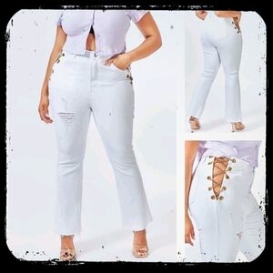 Plus Chain Criss Cross Ripped Frayed Flare Leg Jean